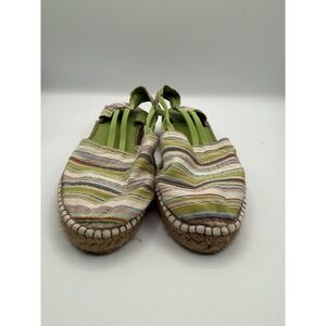 Eric Michael Espadrille Wedge 7.5 Green Striped Woven Slip On Closed Toe Summer